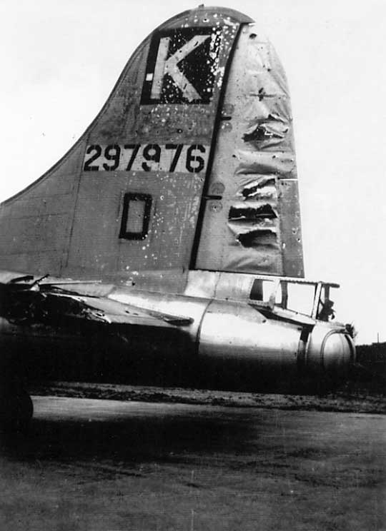 Damaged vertical stabilizer, after Merseberg; November 1944.